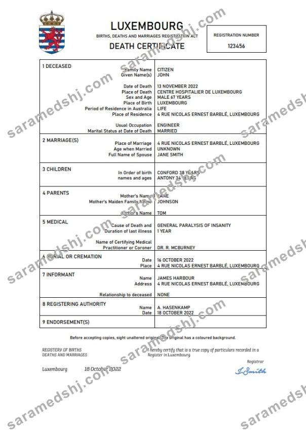 Luxembourg death certificate Word and PDF template